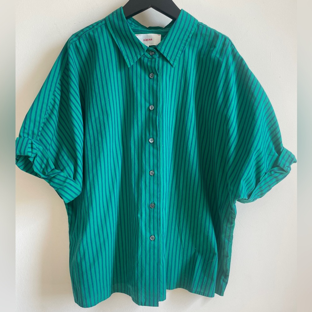 Xirena green and blue striped Channing shirt short sleeve size M boxy